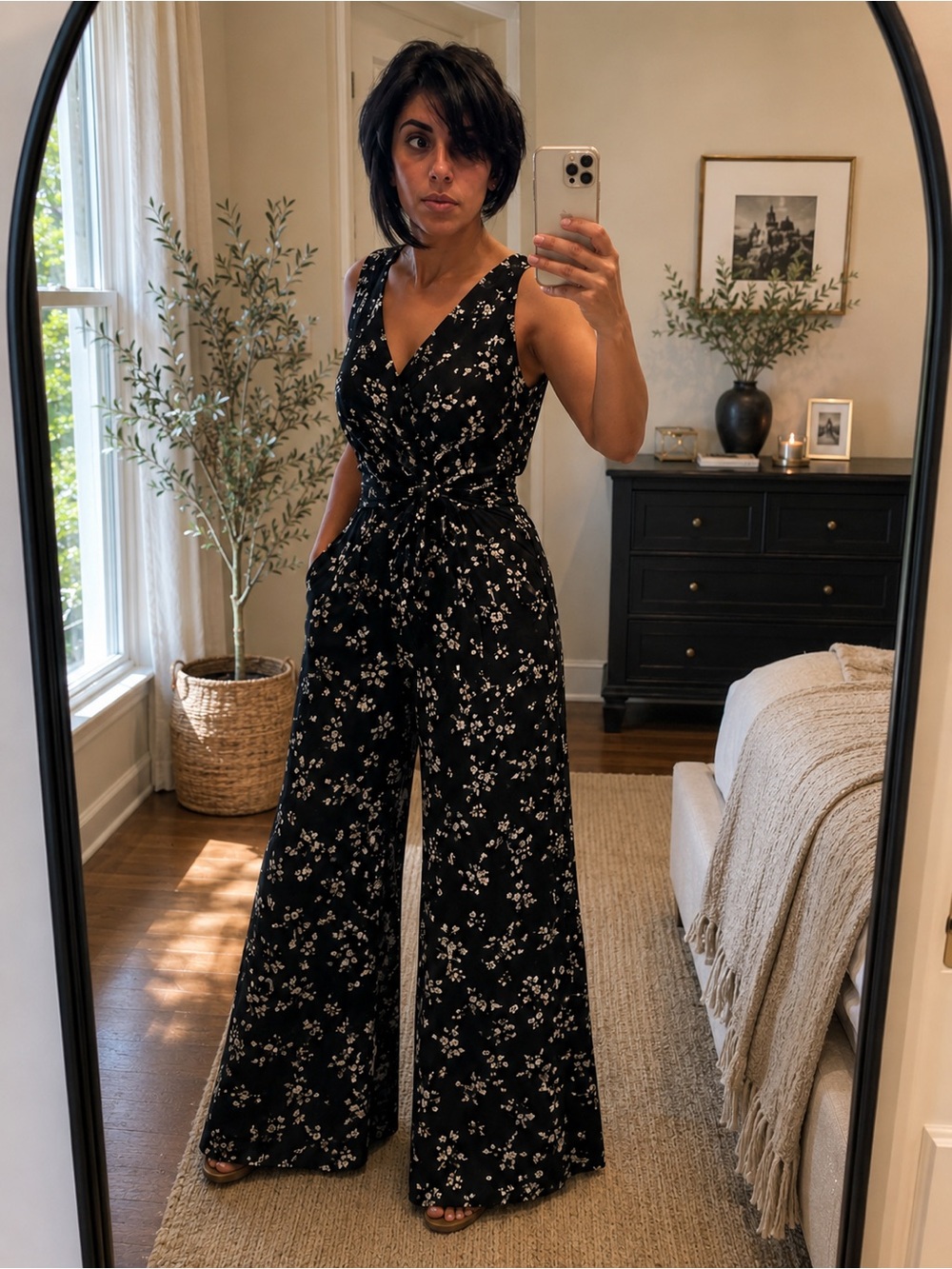 Kate Spade Black Floral Wide Leg Jumpsuit | Faux Wrap Waist